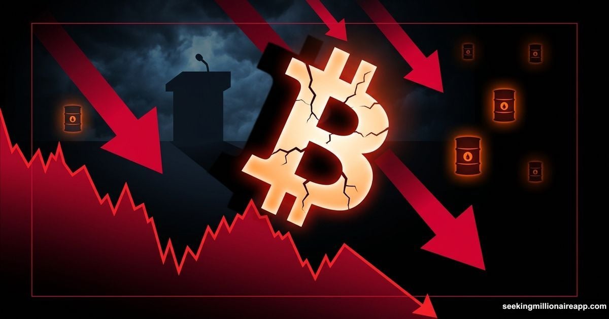 Bitcoin symbol cracking downward as Trump Iran speech triggers crypto selloff