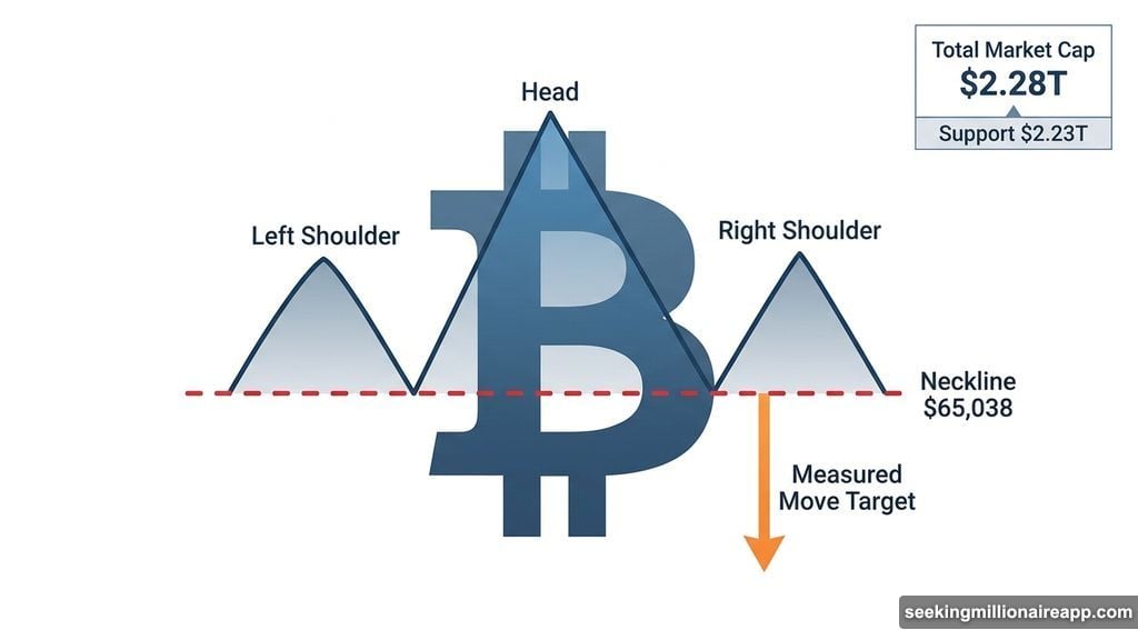 Bitcoin head-and-shoulders pattern with neckline at $65,038 breakdown
