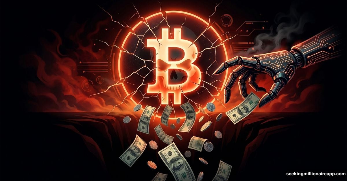 Shattered Bitcoin symbol with AI hand stealing falling money