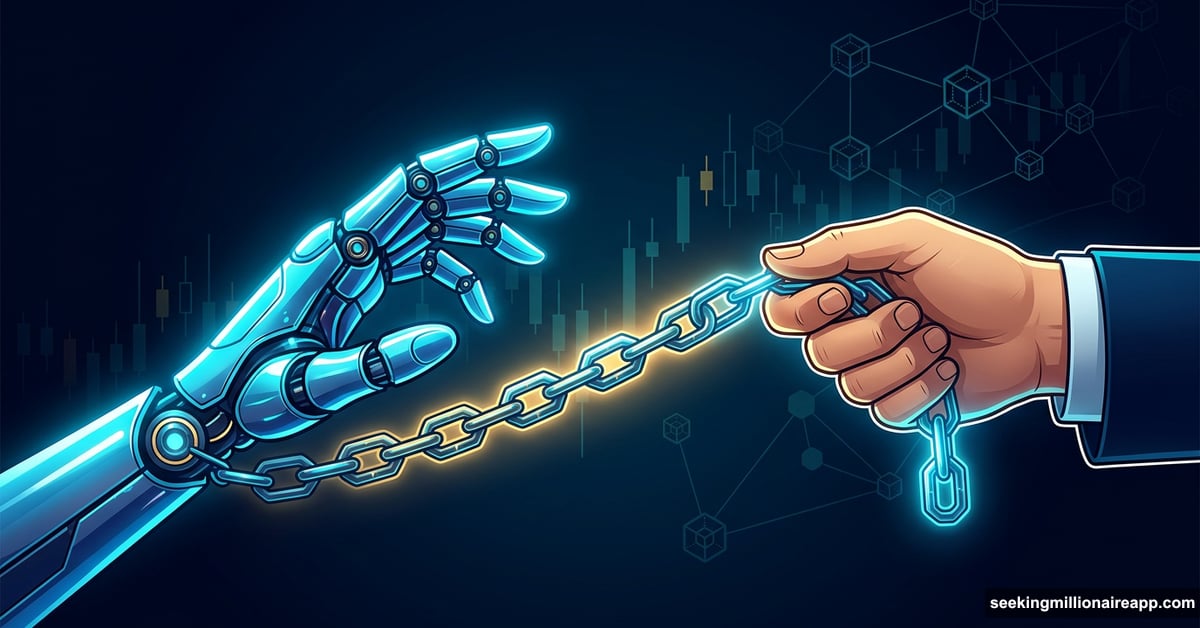 Human hand leashing a glowing AI robot in DeFi blockchain environment
