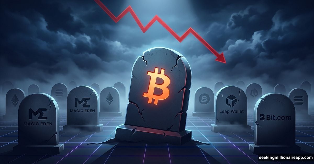 Crypto project tombstones in digital graveyard marking 2026 industry shakeout