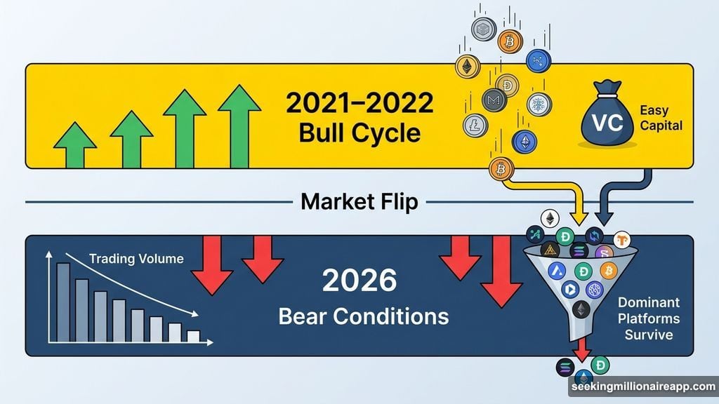Bull market hype versus 2026 bear market consolidation favoring strong platforms