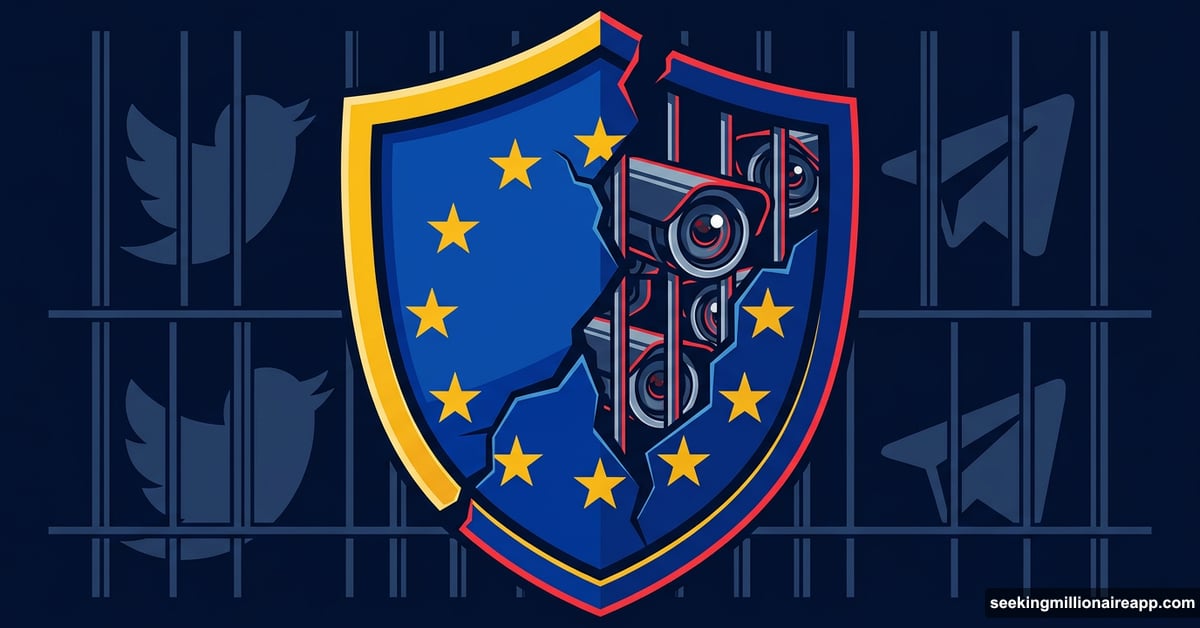 Child safety shield cracking open to reveal censorship and surveillance symbols