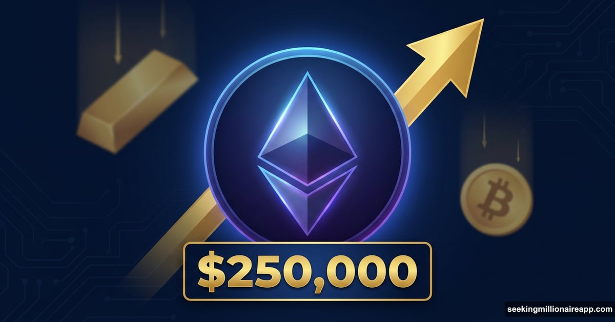 Ethereum symbol soaring past gold bar with $250,000 price tag