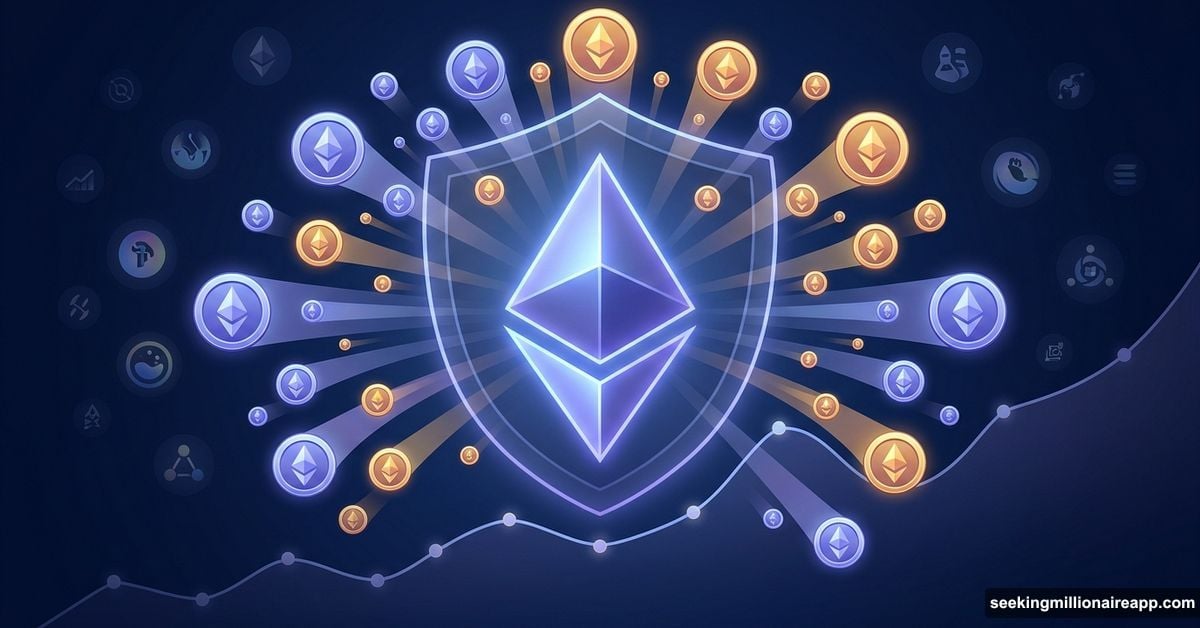 Ethereum diamond logo with strategic coin flow representing ETH treasury sale