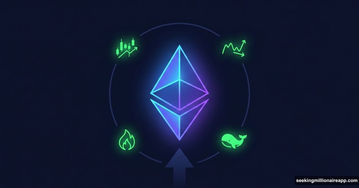 Ethereum logo glowing upward with four hidden bullish signal indicators