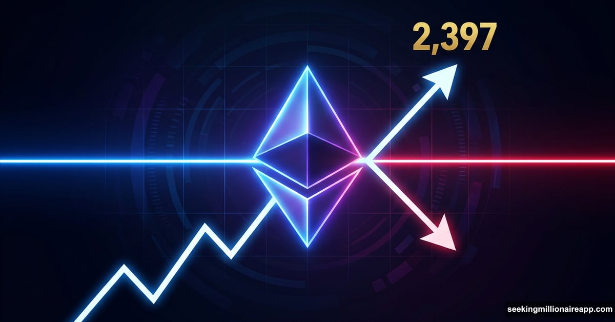 Ethereum logo at critical price fork between $2,355 and $2,397