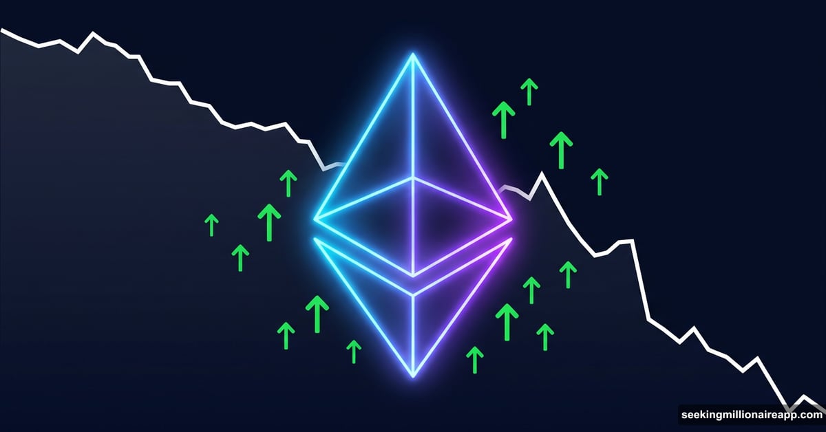 Ethereum symbol glowing amid falling exchange reserves chart showing bullish signals