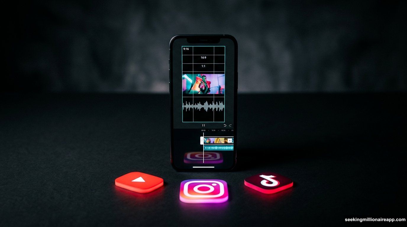 Smartphone displaying video specs surrounded by glowing social platform icons
