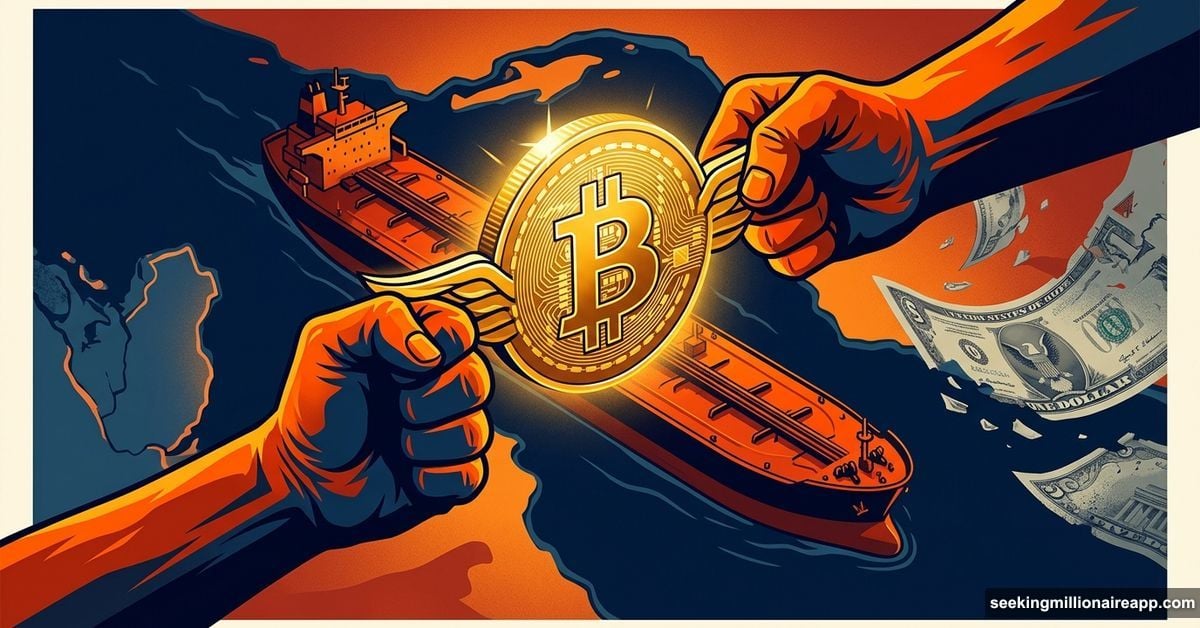 Bitcoin symbol replacing petrodollar as Iran demands crypto toll at Strait of Hormuz