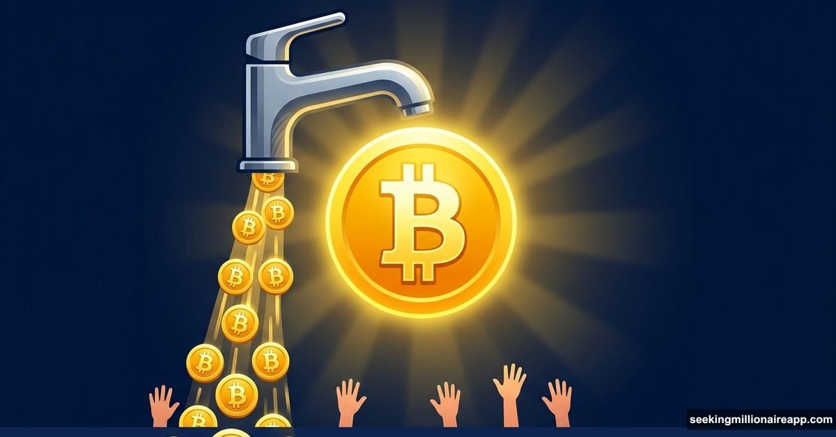 Golden Bitcoin coin with modern faucet dripping free crypto coins