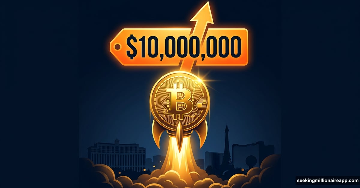 Golden Bitcoin coin soaring upward toward ten million dollar price target
