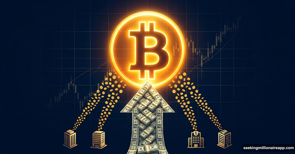 Giant gold Bitcoin symbol with upward arrow representing MicroStrategy's massive purchase