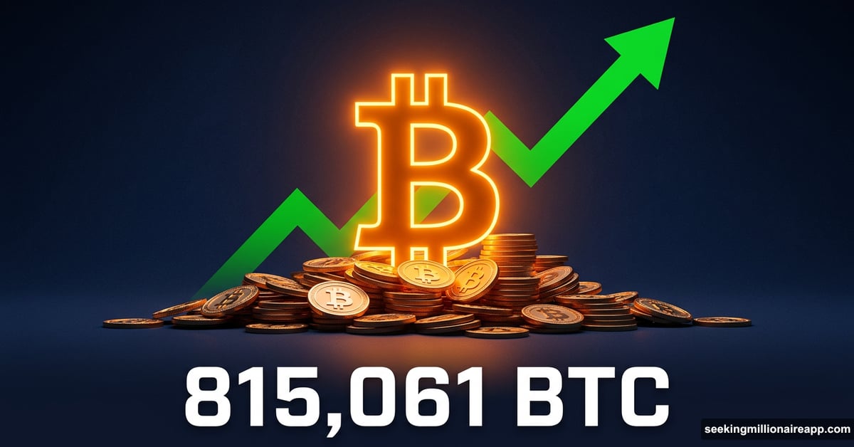 Giant glowing Bitcoin symbol with massive stacked coins and rising arrow