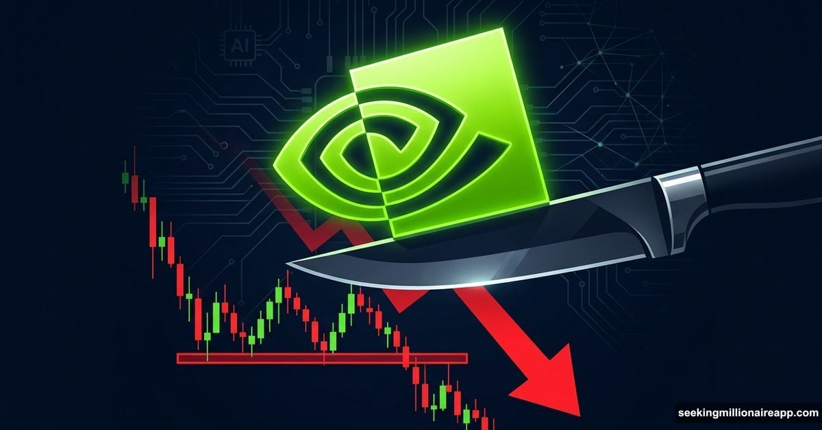 Nvidia logo balanced on knife edge above bearish head-and-shoulders chart