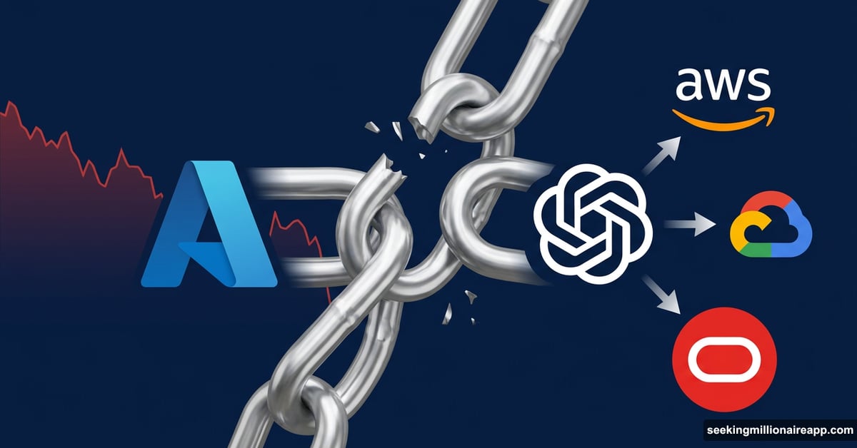 Broken chain separating Microsoft Azure and OpenAI logos symbolizing exclusivity end