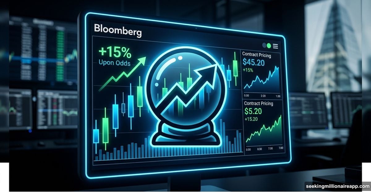 Glowing pro trading terminal screen merging prediction markets with institutional finance