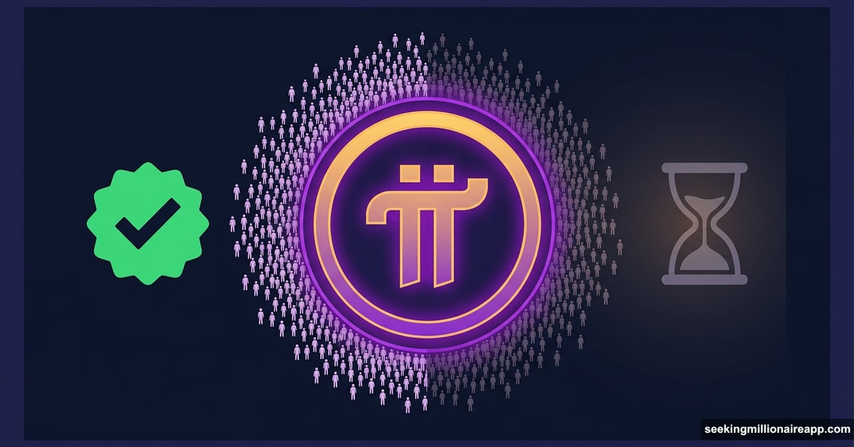 Pi Network logo with 18 million verified users milestone and waiting crowd