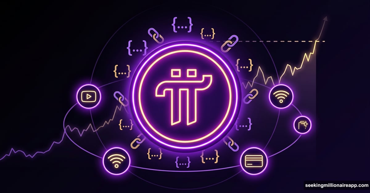 Pi Network pi symbol with smart contract icons and price chart