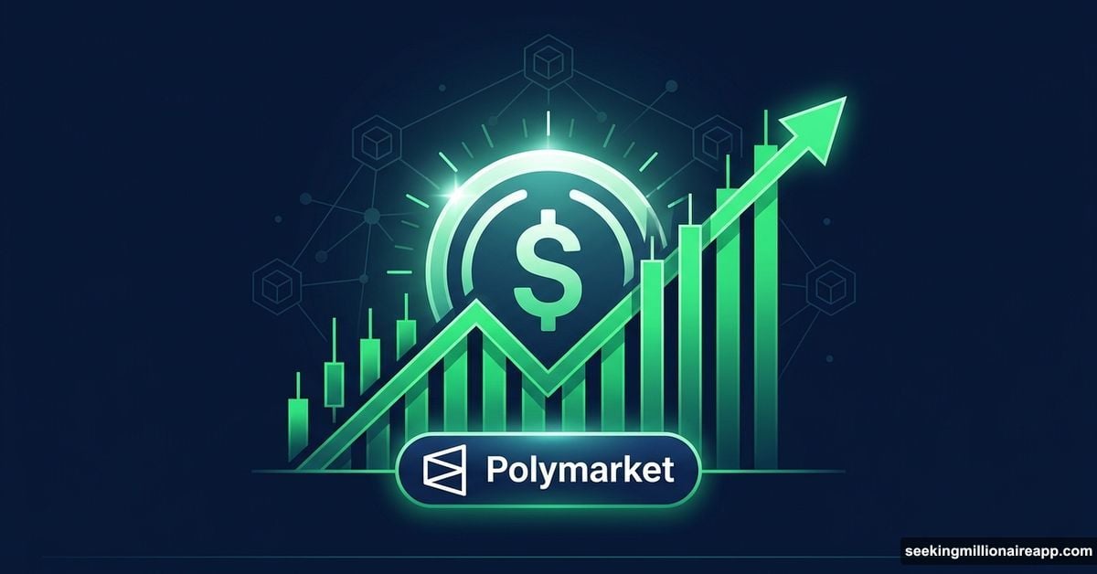 Polymarket logo with rising trading chart and glowing stablecoin token