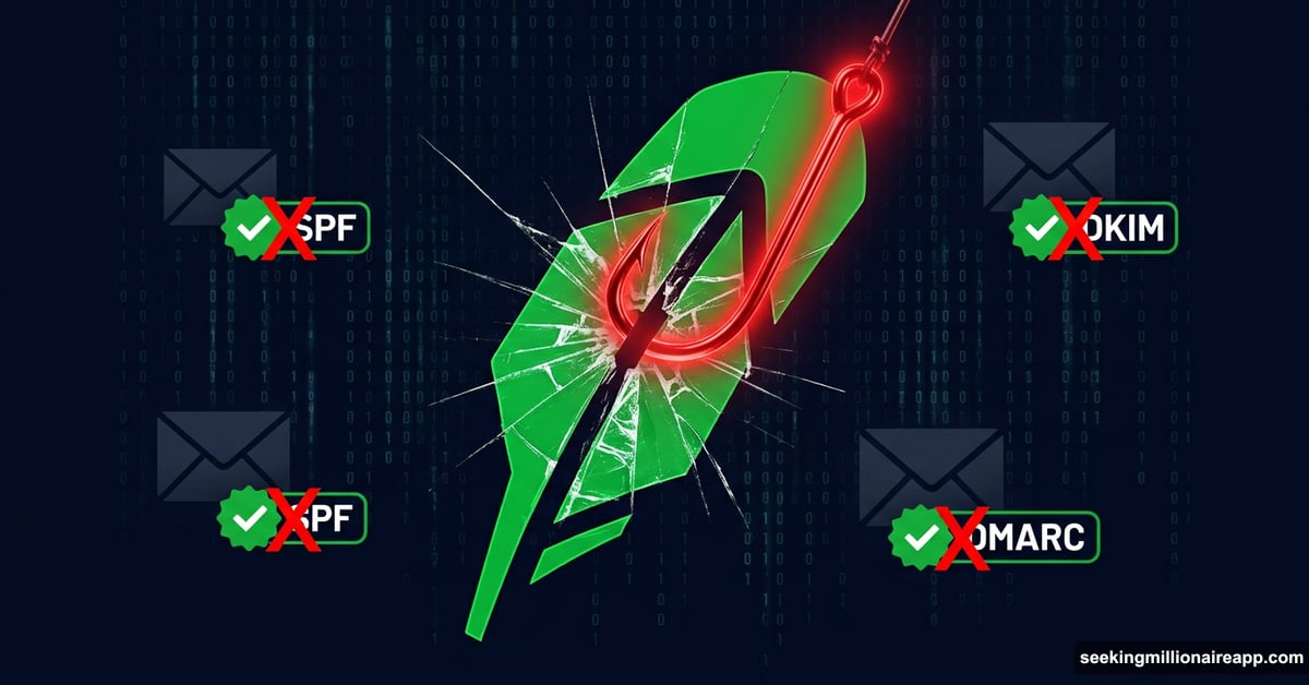 Robinhood logo pierced by phishing hook bypassing email security checks