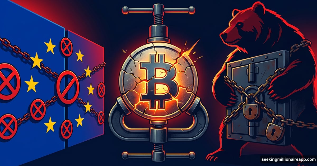 Bitcoin coin crushed between EU sanctions wall and Russian crypto vault