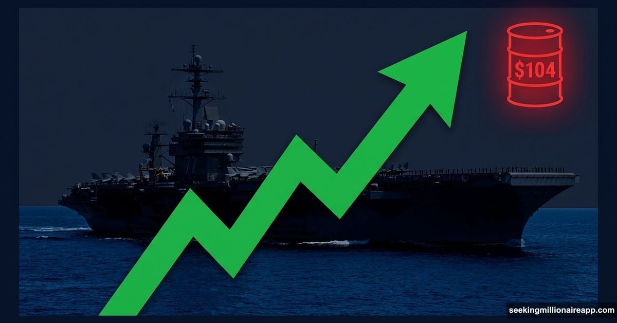 S&P 500 green arrow rising above US Navy warship blocking Hormuz strait