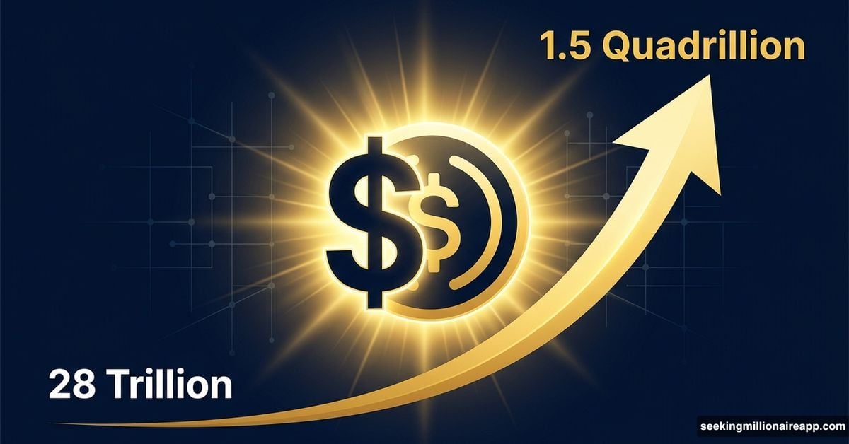 Stablecoin symbol with massive upward arrow showing trillion to quadrillion growth