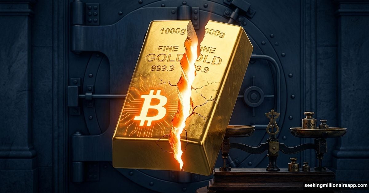 Gold bar splitting between crypto symbol and traditional bullion scale