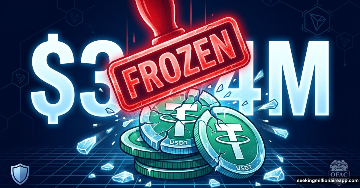 Tether USDT coins frozen with red stamp and $344M enforcement action