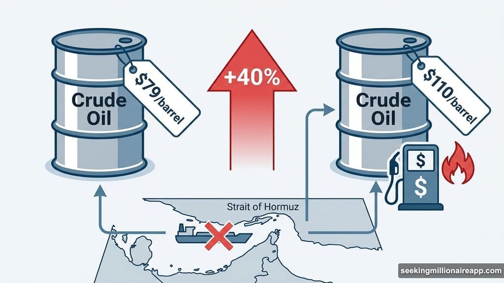 Crude oil surged 40% above $110 driven by Strait of Hormuz disruptions