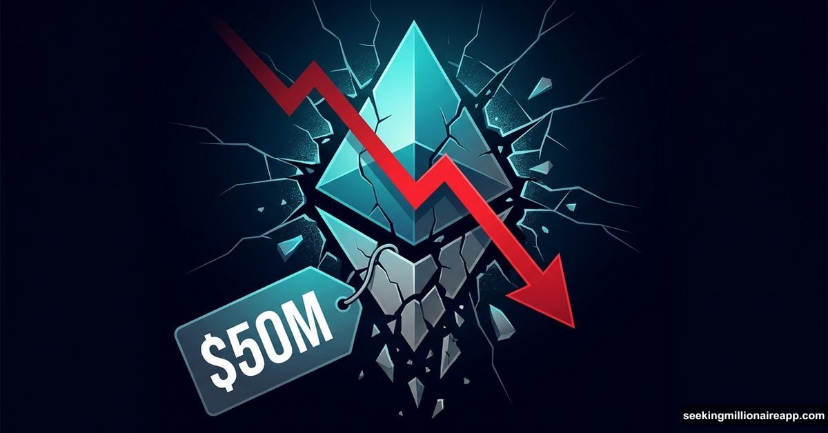 Shattered Ethereum logo falling with a $50 million price tag
