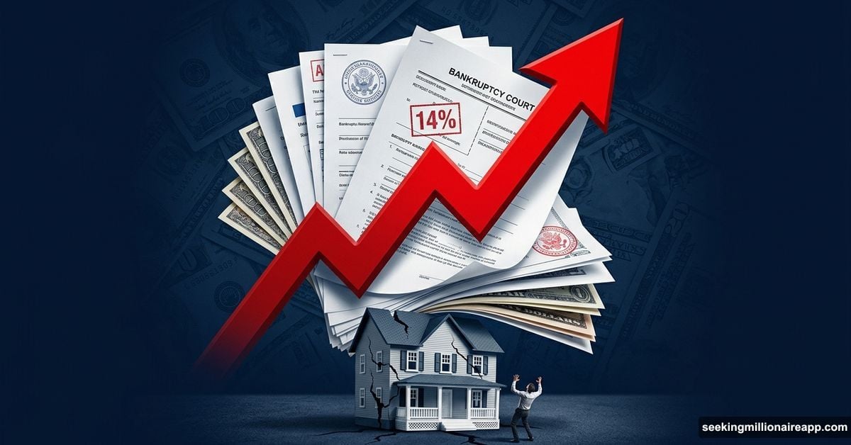 Bankruptcy documents with red arrow showing 14% surge crushing American household