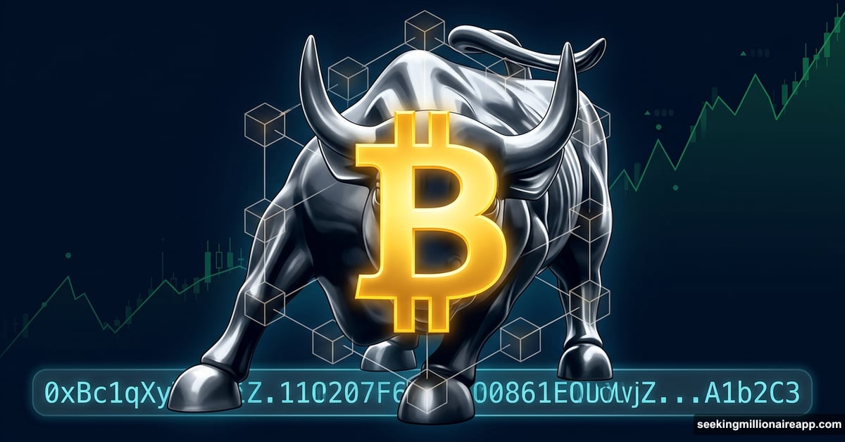 Golden Bitcoin symbol merging with Wall Street bull on dark background