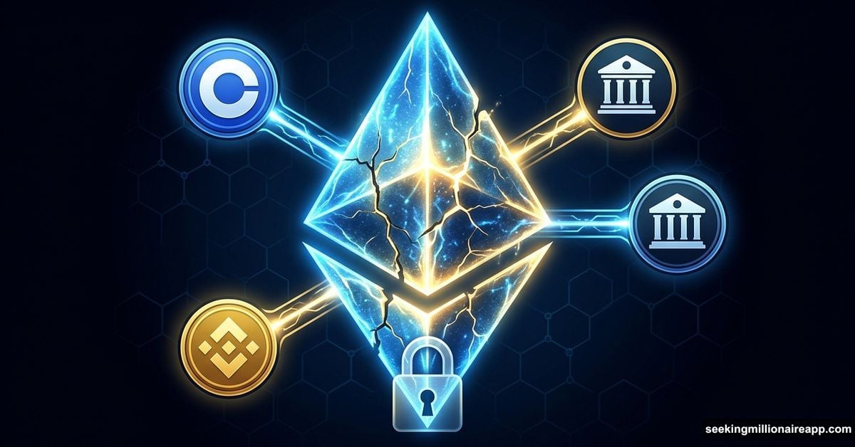 Ethereum symbol surrounded by Coinbase, Binance, and BlackRock icons showing concentrated ETH ownership