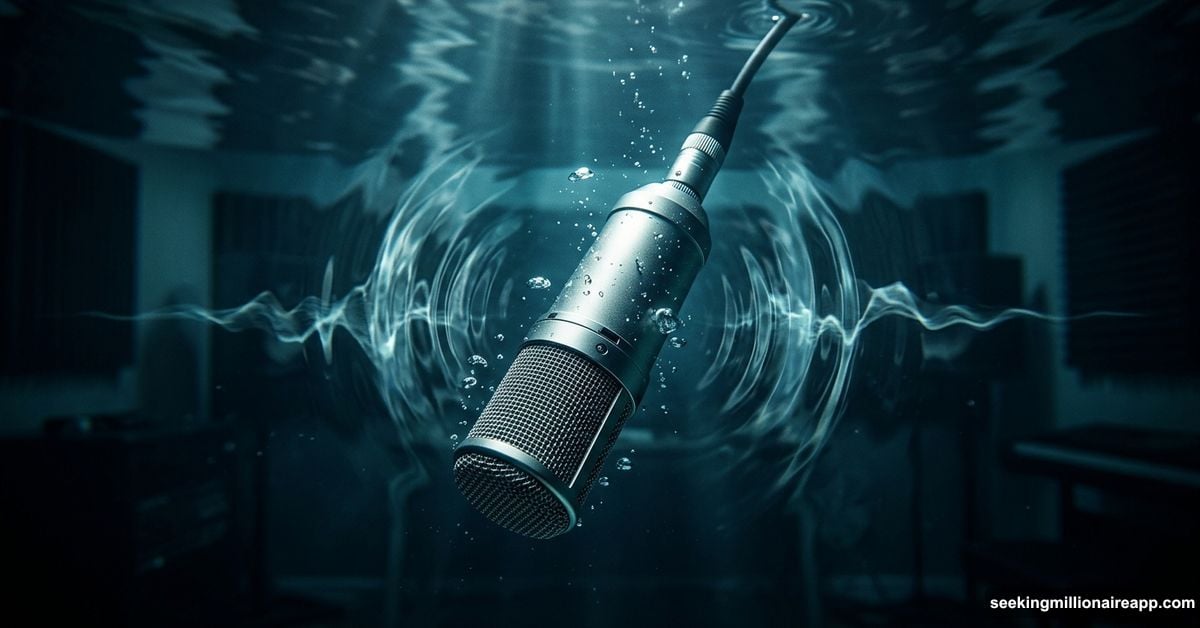 Studio microphone submerged underwater symbolizing distorted noise reduction audio