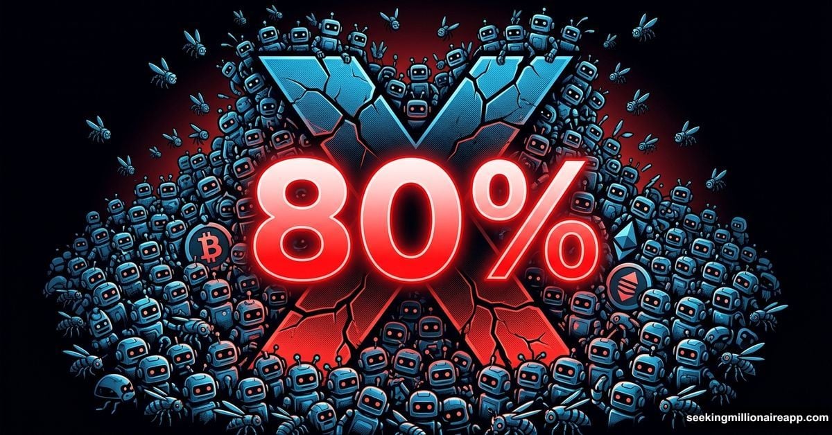 X logo overwhelmed by swarm of crypto bots with 80% statistic
