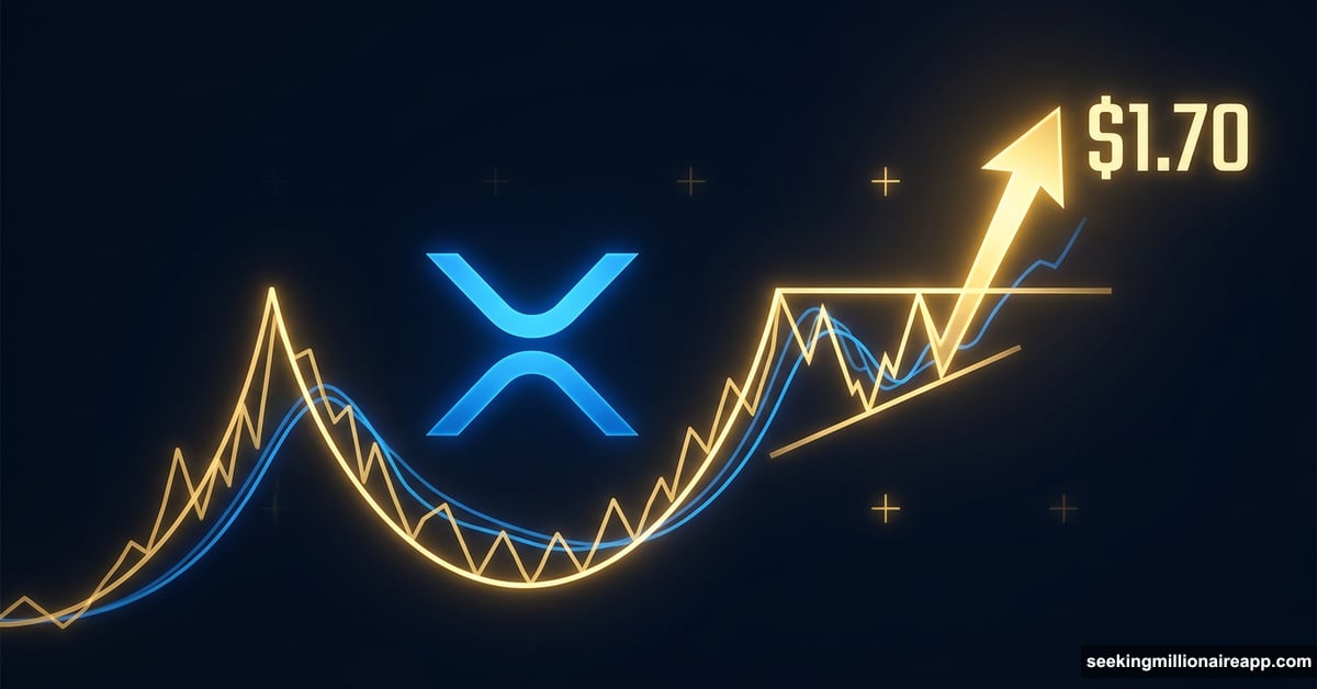 XRP logo with glowing cup and handle chart pattern targeting $1.70